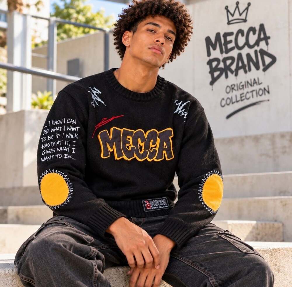 MECCA BRAND Original Collection Sweater M 10/12 Y2K Embroidered Black Yellow